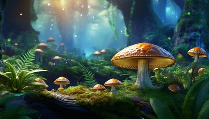 Enchanted Forest Mushrooms Magical Fungi, Mossy Log, Deep Woods