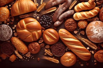 Bread based food staple concept with group of bakery products from bakery or home kitchen made from whole wheat and grains. Generative AI.