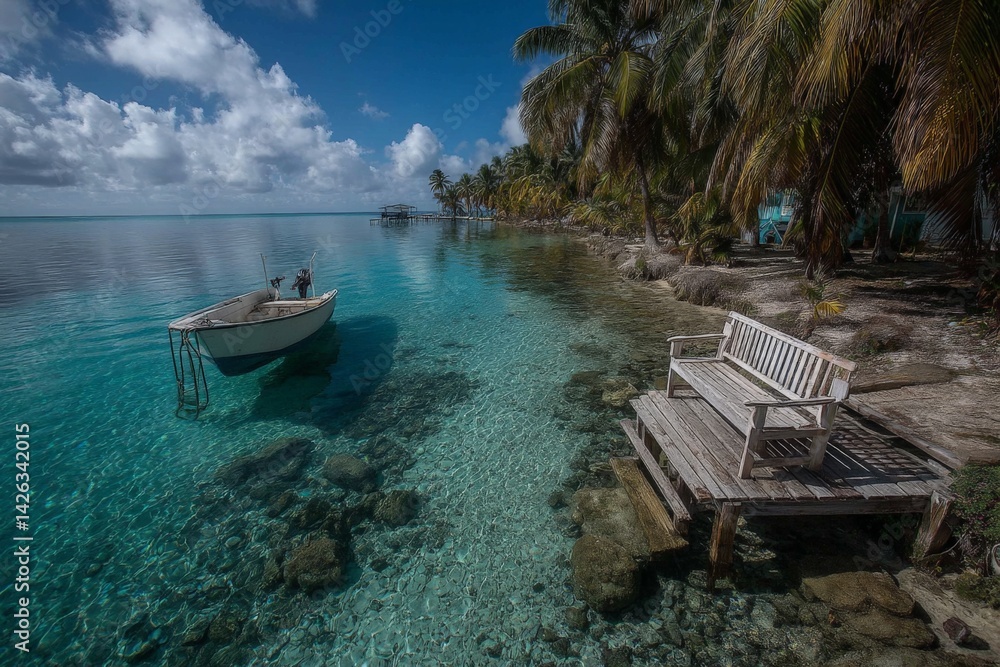 Poster serene coastal view with calm waters and a small boat near a dock in a tropical paradise