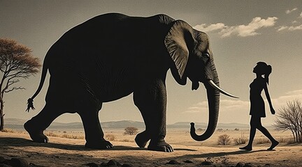 Obraz premium A silhouette of an elephant towers over a girl walking in a vast savanna landscape, capturing the essence of nature and human interaction.