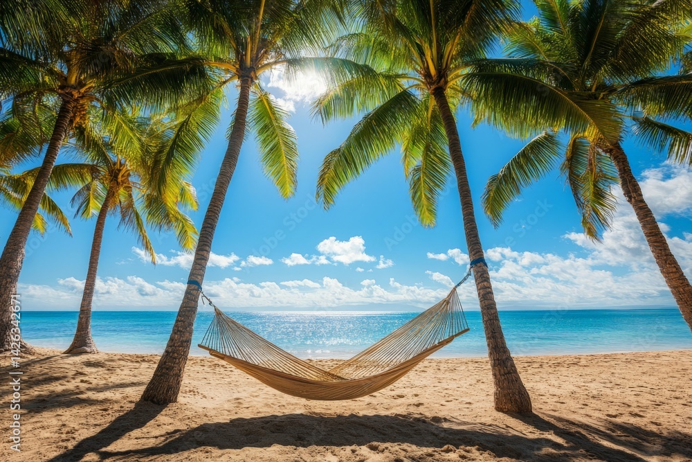 Poster relaxing hammock between palm trees on a sunny beach near the ocean during a clear day