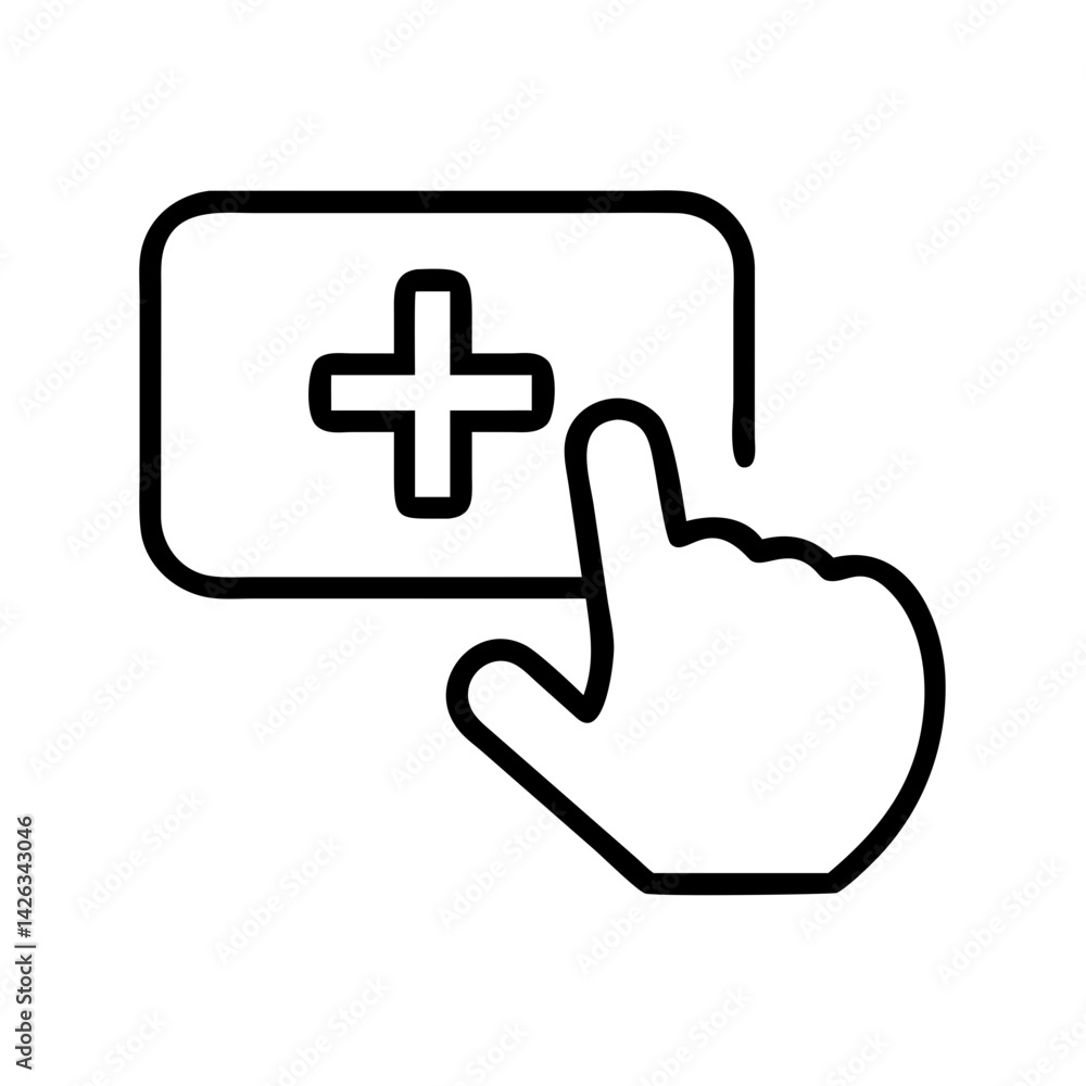 Poster hand pressing add button icon in simple flat style