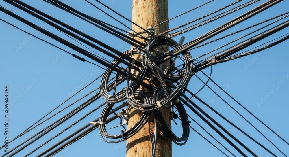 Poster utility pole cable network overhead - complex network of cables and wires bundled on a utility pole 