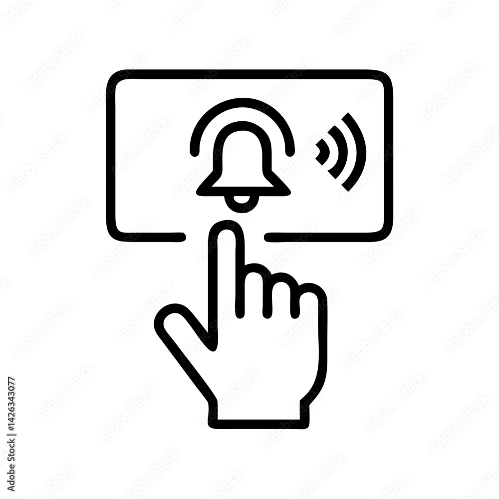Poster alarm button icon with hand pressing for notification
