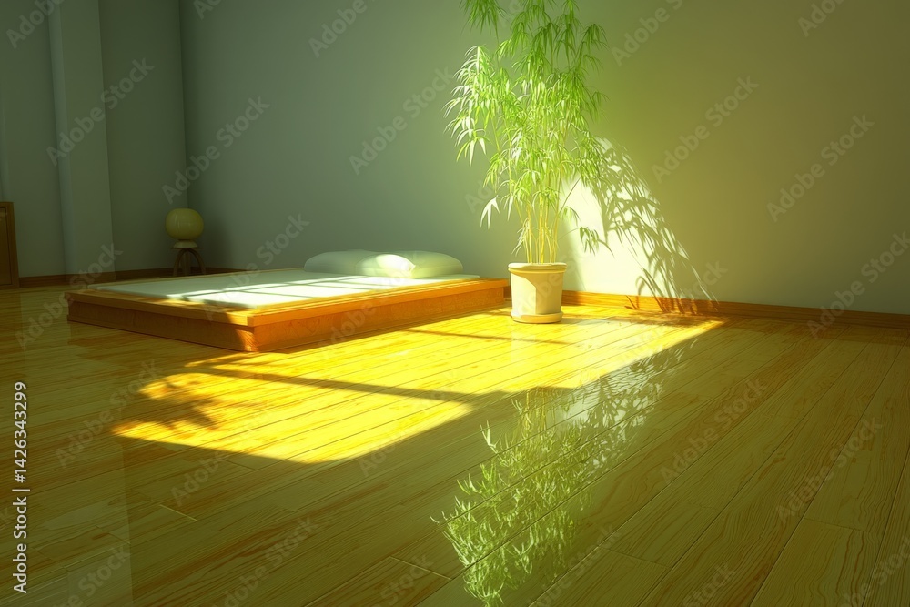Poster natural light filters into a serene room with wooden floors and a potted plant creating a calming at
