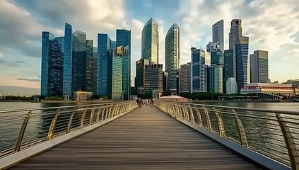 Naklejka premium City skyline viewed from a wooden bridge over water at sunset
