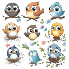 A set of cute birds sitting on branches and nests