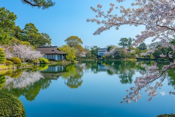Obraz premium Cherry blossom trees surround tranquil pond at a garden during springtime