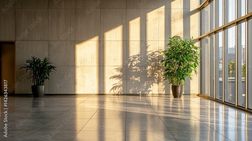 Aufkleber empty modern room with polished concrete wall, illuminated by angled sunlight creating sharp lines
