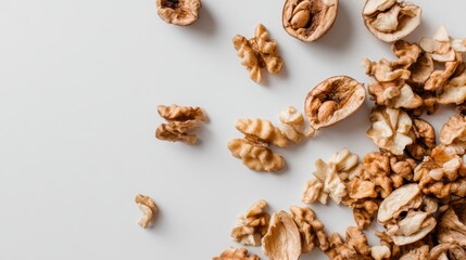 Obraz premium Freshly Shelled Walnuts Spread Across a Light Surface with Natural Textures and Warm Tones