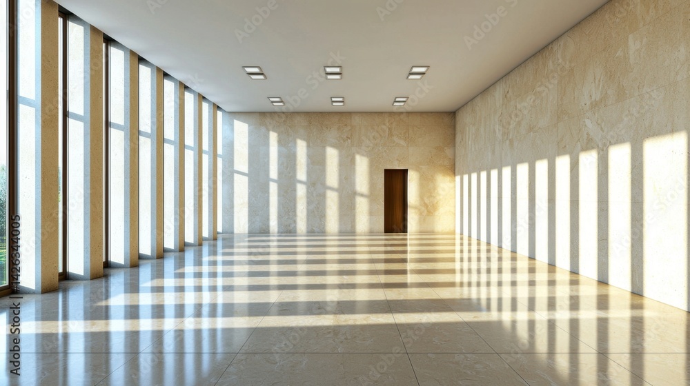 Aufkleber empty modern room with polished concrete wall, illuminated by angled sunlight creating sharp lines