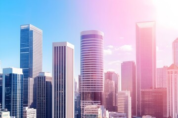 Fototapeta premium Vibrant cityscape skyline at sunrise, showcasing modern skyscrapers and urban architecture