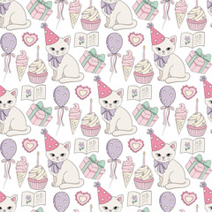 Funny cartoon cat in birthday party hat Seamless Pattern. Cute Coquette Hand drawn Girlish style pet vector Kitten Illustration