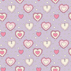 Seamless pattern with hand drawn cute hearts on pink background. Romantic print Girlish Hearts and Ribbons.