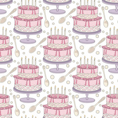 Cute Seamless Pattern Pastel Girlish Birthday Cake With Candles Vector Illustration.