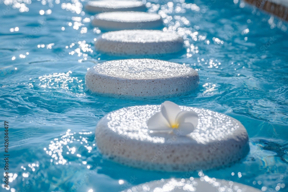 Poster Tranquil pool path with stepping stones and a delicate flower floating on the water's surface in a serene setting