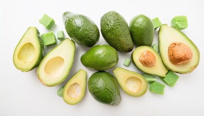 Overhead View of Halved Avocados and Green Sweets on White Background