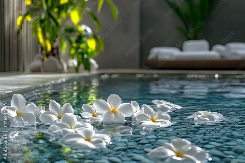 Poster relaxation oasis with floating flowers and tranquil waters in a modern spa setting