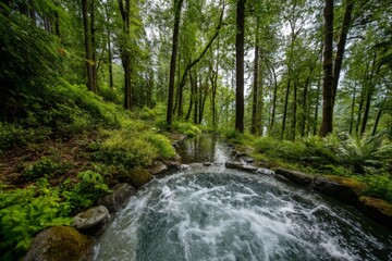 Obraz premium Serene hot spring surrounded by lush forest landscape in a tranquil outdoor setting