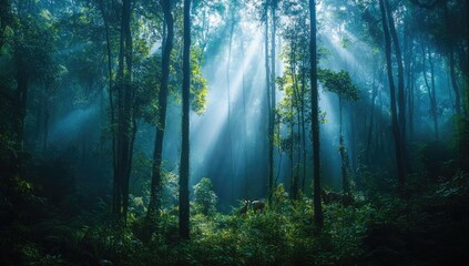 Obraz premium Sunbeams pierce a misty forest, illuminating a tranquil scene where animals graze peacefully amidst lush vegetation