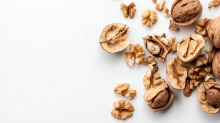 Obraz premium Shelled and unshelled walnuts scattered on a light background ideal for healthy food concepts