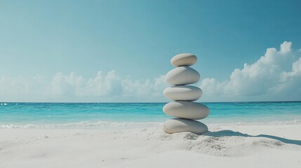 Serene Stacked Stones Beach Zen Peaceful Tranquil Ocean Summer White Rocks Balance Harmony Nature Idyllic Seascape Coastal Calm Relaxation Vacation Tropical Paradise Sunny Day Blue Sky Cloudscape     