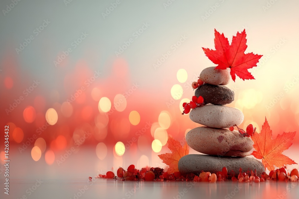 Poster Balancing stones adorned with autumn leaves and berries create a serene natural display in soft lighting