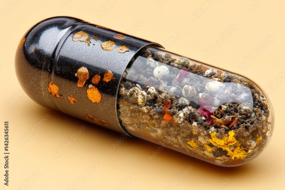 Aufkleber unique decorative capsule filled with colorful natural elements on a plain background