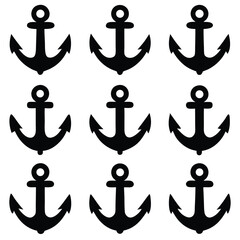 Nine Black Anchor Icons on White Background