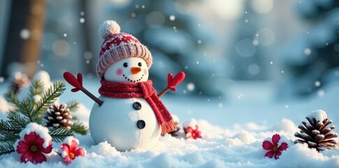 Obraz premium Colorful snowman surrounded by snow-covered flowers and pinecones in a winter wonderland, wintry scene, frosty atmosphere