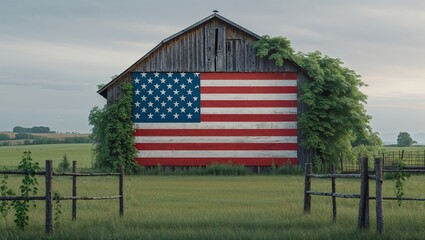 American flag painted on an old barn, rustic, symbolizing national heritage and pride, in a rural, overgrown setting.
