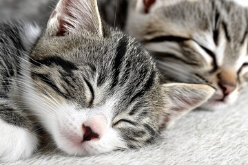 Two sleeping kittens resting peacefully on a soft surface in a cozy environment during the afternoon