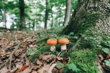 Vibrant orange mushrooms grow at the base of a tree in a lush green forest during a sunny afternoon