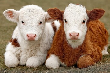 Fototapeta premium Calves resting side by side in a grassy field during daylight hours