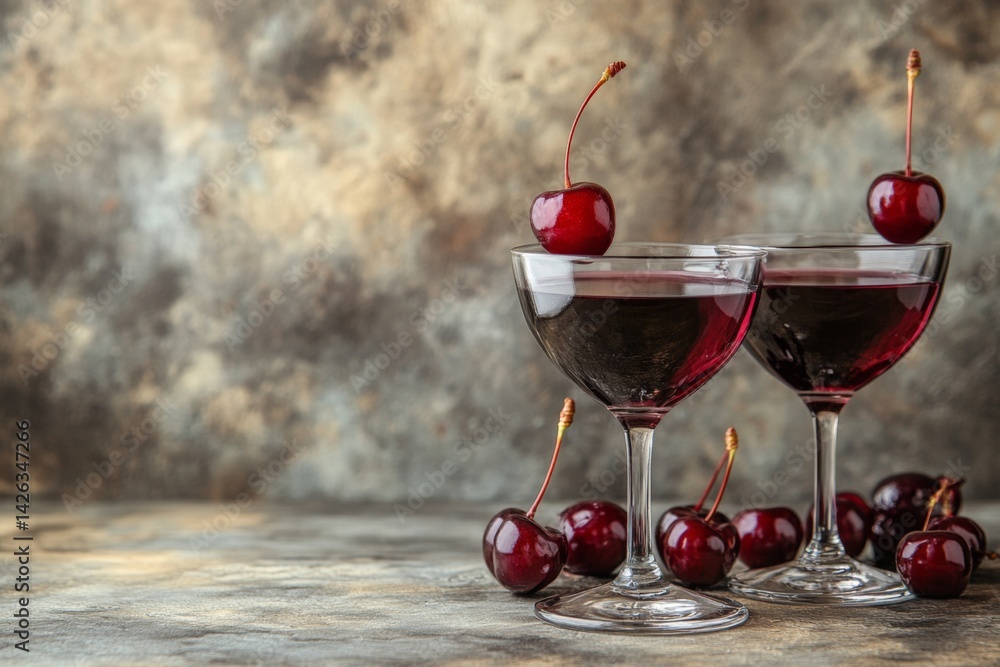Poster two elegant cocktails with cherries set against a textured background, featuring vibrant colors and 