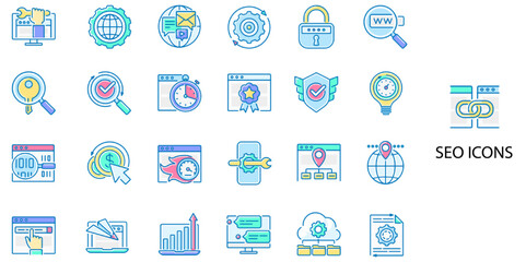 SEO simple concept 24 hand drawn color icons set. Contains such cyberspace, technology, business, web, banner, desktop, computer .Vector illustration.