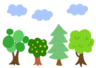 Different types of trees illustration with blue clouds