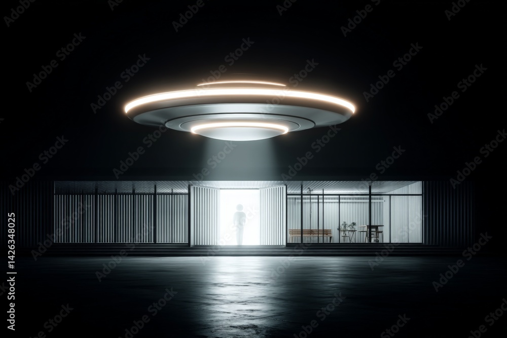 Aufkleber mysterious figure steps out of a futuristic structure illuminated by a hovering craft at night