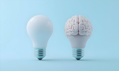 Light Bulb and Brain Conceptual Illustration in 3D Render Style