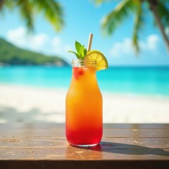 Colorful tropical drink bottle on a wooden beach table, colorful, wood