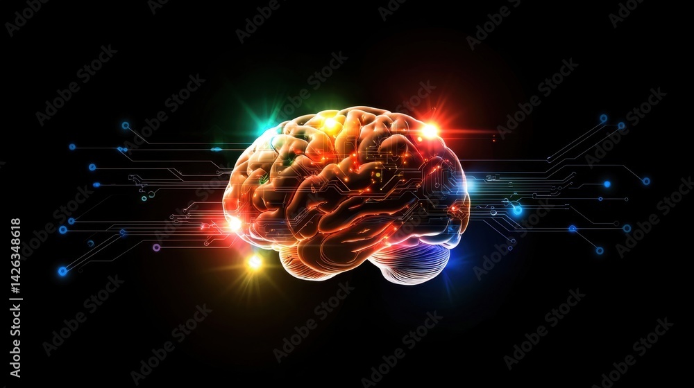 Poster glowing ai brain structure surrounded by circuits and high-tech background elements