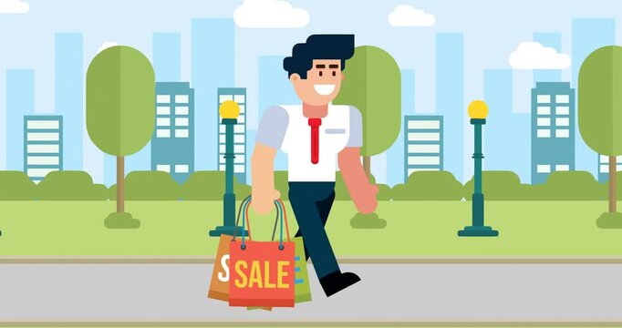 Businessman walking in city park with shopping bags