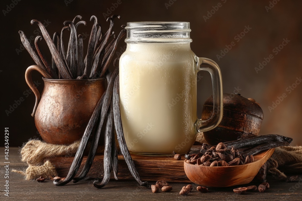 Poster creamy beverage with vanilla pods and cocoa arranged in rustic kitchen setting
