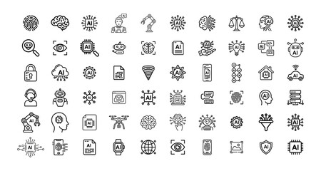Set of black and white icons for technology, AI, and security illustration.