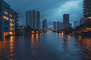 Naklejka premium Urban landscape illuminated by lights reflects in flooded waterways during twilight in a coastal city