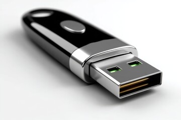Stylish black USB flash drive placed on a smooth surface showcasing its sleek design and metallic accents