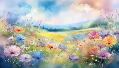 Watercolor Floral Field Painting with Pastel Colors
