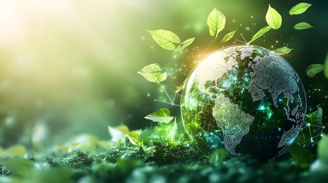 Renewable Earth: A vibrant, ethereal image of Earth blossoming with fresh leaves, conveying the essence of environmental sustainability and a greener future.
