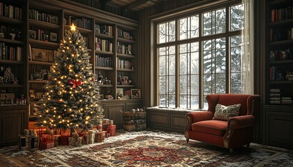 Fototapeta premium Cozy Christmas library scene with decorated tree, presents, and armchair by a snowy window.