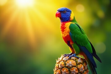 Obraz premium Colourful bird perched on a pineapple under the sun, sunny, tropical
